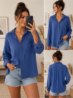 Old Navy Blue Gauze Button-Up Shirt | Size Small | Lightweight Cotton Blouse